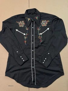 VTG Sears Western Wear Embroidered Pearl Snap Shirt Men L Black Yoke Rodeo Cowbo - Picture 1 of 7