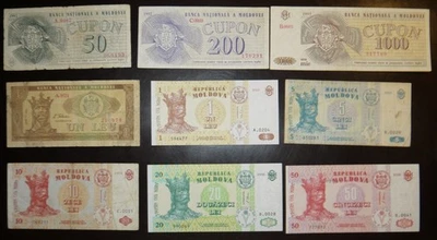 Moldova 9 pcs all different 1-1000 coupons lei 1992-2010 - Image 1 of 2