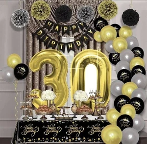 30th Birthday Decorations Black Gold Sets - Party Supplies Packs for Women Men - Picture 1 of 7