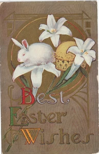 Best Easter wishes of rabbit sitting on an Easter lily with an Easter basket All - Picture 1 of 4