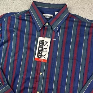 Vintage Key Elements 90's Button Shirt Blue Red Stripe Long Sleeve Large NOS - Picture 1 of 7
