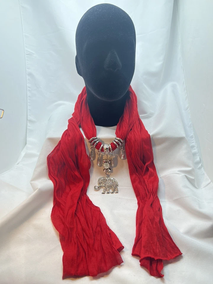 Par de chal de collar de tela bufanda para mujer negro/rojo con elefantes plateados Foto 1 de 4
