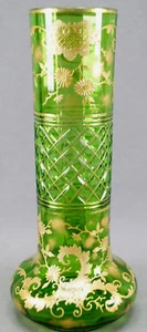 Bohemian Moser Type Emerald Green & Gold Floral Scrollwork Crystal Vase C. 1890 - Picture 1 of 10