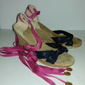 Jcrew pink navy blue embroidered tennis espadrille wedge ankle tie heels. 8 - Picture 1 of 6