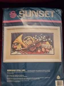 1991 SUNSET NEEDLEPOINT KIT SERENADE STILL LIFE #12069,FRENCH HORN, VIOLIN,FLUTE - Picture 1 of 2