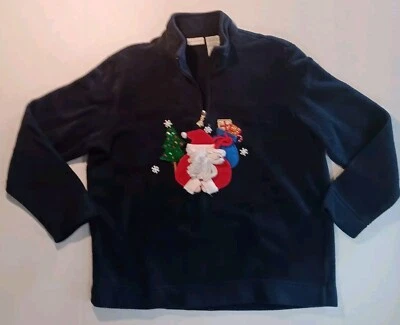 Pulôver feminino veado branco azul marinho tamanho (XL) meio zíper fio de lã árvore de Papai Noel - Imagem 1 de 4