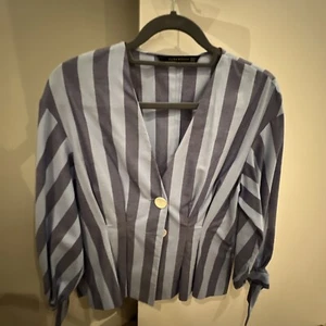 ZARA Ladies Size S Blue Striped V Neck Peplum Top / Blouse - Picture 1 of 1
