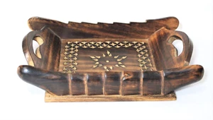Vintage Holztablett handgeschnitzt 9""x6"" Griffe - Bild 1 von 7