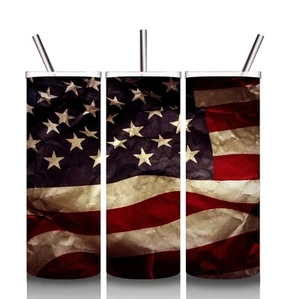 20oz SKINNY STAINLESS STEEL TUMBLER Cup Mug . American Flag. Red White and Blue - Picture 1 of 3