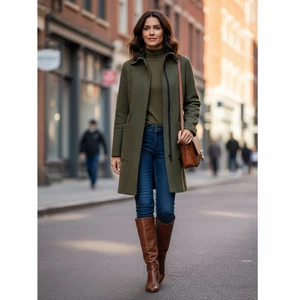 Olive Green Flannel Coat Womens Large Minimalist Modern Oversized Long Sleek Zip - Picture 1 of 3