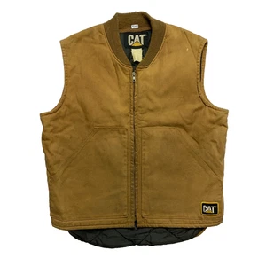 Vintage Cat Caterpillar Vest Mens S/M Tan Sleeveless Canvas Full Zip 90s - Picture 1 of 13