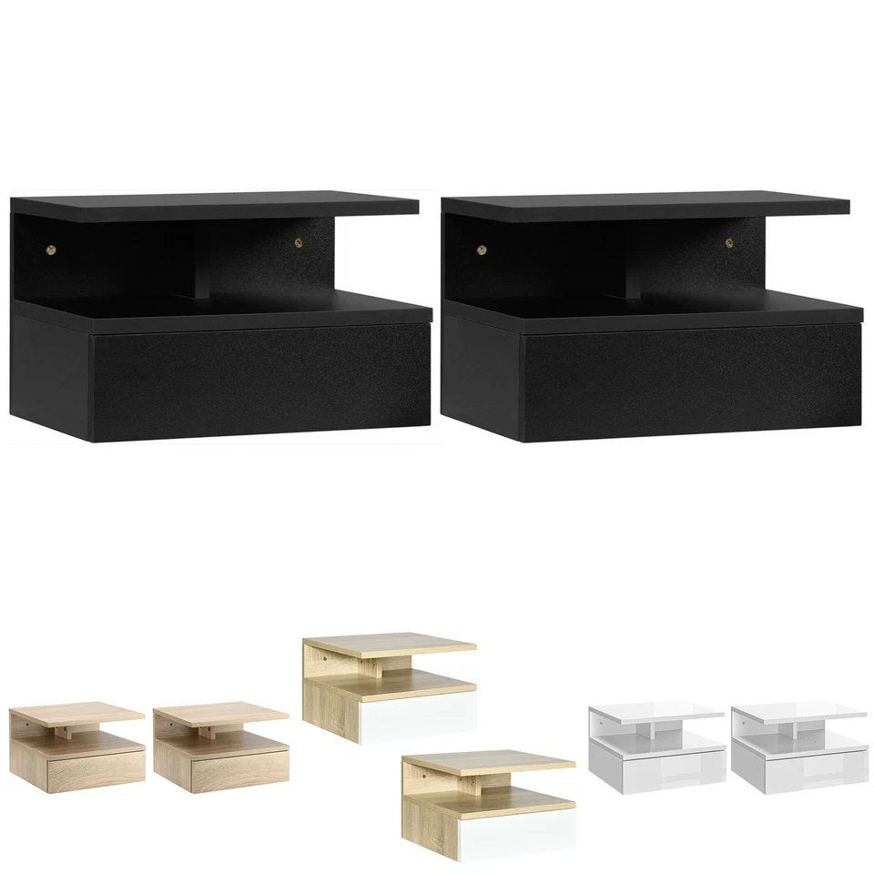 HOMCOM Set 2 Comodini Sospesi con Cassetto e Ripiano Legno 35x32x22.5cm - Image 1 of 1