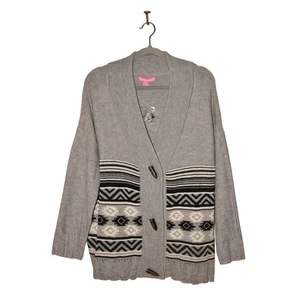 WOMAN WITHIN NEW $65 Gray Shawl Collar Cardigan Sweater Tribal Print M / 14-16 - Picture 1 of 3