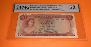 PMG Bahamas, Government of the Bahamas $3 Banknote 1965 p19a AU 53  - Picture 1 of 6