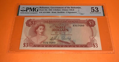 PMG Bahamas, Government of the Bahamas $3 Banknote 1965 p19a AU 53  - Image 1 of 4