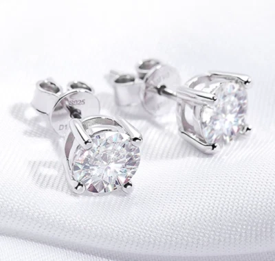 0.1-3CT Moissanite Solitaire Studs Earrings 925 Silver Stud D VVS1 With GRA  - Image 1 of 4