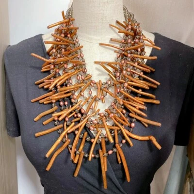 9 Strands Cultured Brown Rice Pearl Golden Coral Crystal Statement Necklace - Image 1 of 4