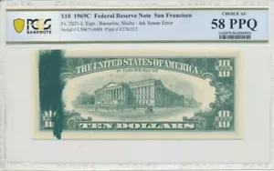 Rare 1969C Federal Reserve Note $10 Ink Smear Error Choice 58 PPQ CO626F - Picture 1 of 2