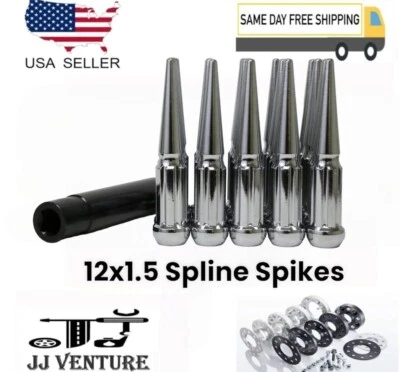 20件装镀铬4.5英寸高12x1.5样条尖钉凸耳螺母+钥匙适合现代Genesis型号 — 第 1/3 张图片