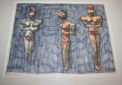 HENRY MOORE Trabajo Exótico sobre Papel Multicolor Original Entintado Enmarcado Raro Reducido Foto 1 de 4