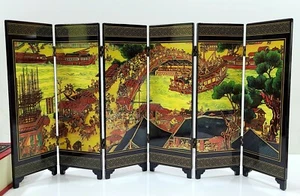VTG Mini Oriental Folding Screen Divider 6 Panel Lacquer Wood w/ Box Reversible - Picture 1 of 11