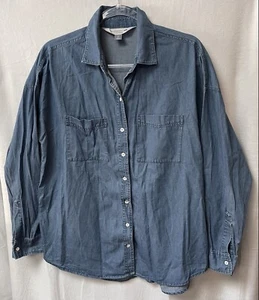 Old Navy Boyfriend Shirt Womens L Denim Chambray Blue Button Down Long Sleeve - Picture 1 of 6