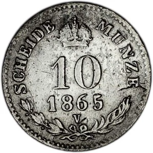 AUSTRIA coin 10 Kreuzer 1865 V F+ Choice Fine - Picture 1 of 7