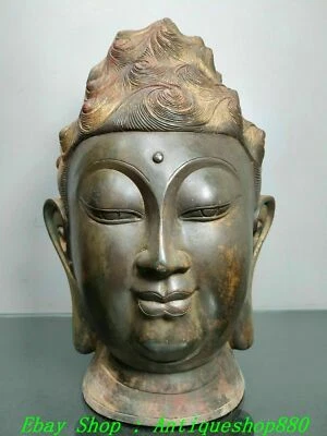 13" Antiguo Budismo Bronce Kwan-yin Guan Quan Yin Bodhisattva Cabeza Busto Estatua Foto 1 de 4