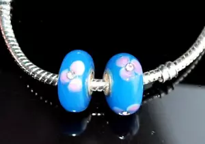 A handmade silver single core murano glass rhinestone flower blue charm bead - Picture 1 of 2