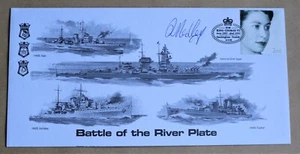 WW2 BATTLE OF THE RIVER PLATE 2002 COVER SIGNED R/MARINE GUNNER REGINALD MEDLEY - Picture 1 of 3