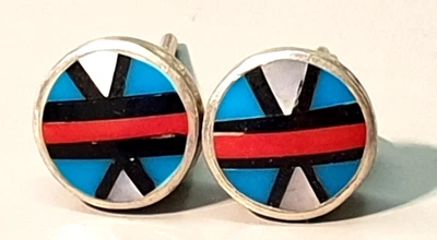 Native American Indian ZUNI 925 Silber Ohrstecker Einlege-Handarbeit Koralle Tür - Bild 1 von 4