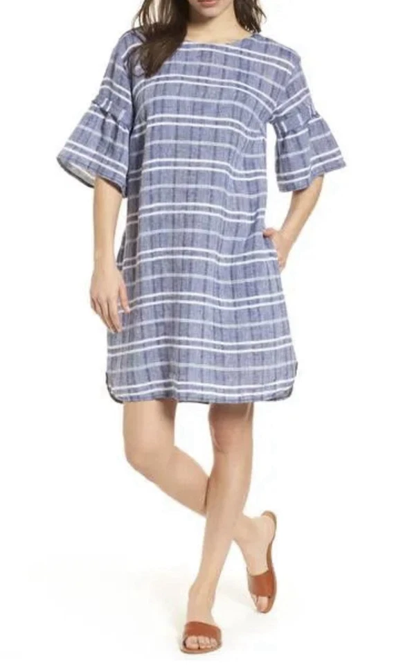 Caslon Blue White Linen Striped Sack Dress Sz L Cottagecore Boho Chic Coastal - image 1 of 4