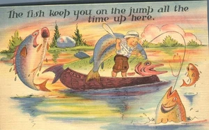 Fish Keep You on the Jump All the Time Fish Surrounding Fisherman Comic Postcard - Picture 1 of 2