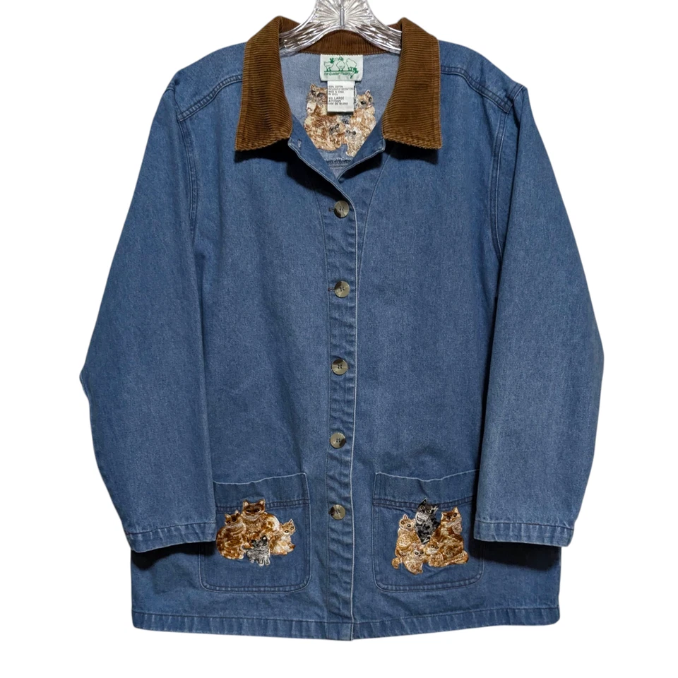 Abrigo de granero vintage de mezclilla de los años 90 para mujer grande gato bordado cuello de pana Foto 1 de 4