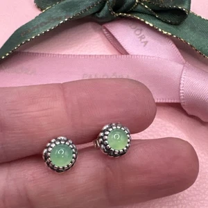 Pandora Green Chrysoprase May Birthstone Stud Earrings 290543 Authentic - Picture 1 of 5