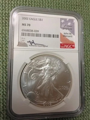 2002 AMERICAN SILVER EAGLE NGC MS70 JOHN MERCANTI SIGNED BEAUTIFUL COIN LOW POP - Image 1 of 4