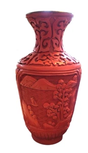 Vintage Chinese Florals Hand Carved Red Cinnabar Vase with Blue Enamel on Copper - Picture 1 of 7