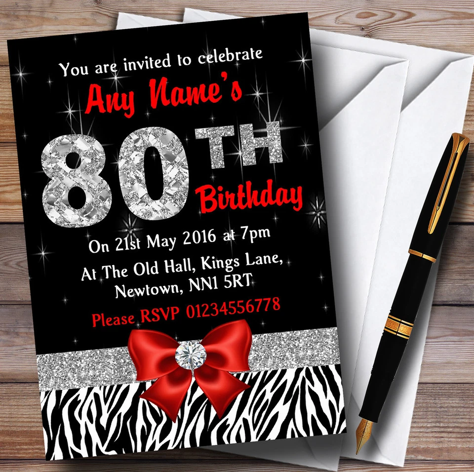 Red Diamond And Zebra Print 80Th Birthday Party Personalised Invitations - Image 1 of 1