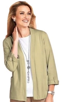 New Haband Tudor Court Beige Two Pocket Open Cardigan Lightweight Button Sleeve - Image 1 of 3