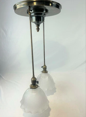 Moran & Hastings Craftsman Brass 2-Light Ceiling Light Holophane Shades Restored Cover