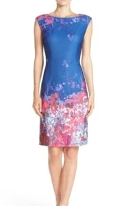 ADRIANNA PAPELL Floral Print Scuba Sheath Dress Women's Blue Size 14 Above Knee - Picture 1 of 12