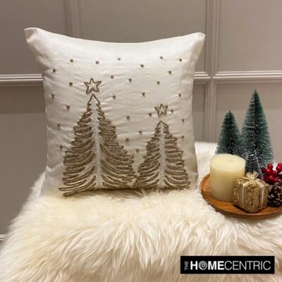 White & Gold Christmas Decor Throw Pillow Cover Silk Pillowcase - Luminous Pine - Image 1 of 4
