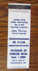 FRATERNAL V.F.W. POST 2999 MATCHBOOK COVER: INDIANAPOLIS, INDIANA MATCHCOVER -A9 - Picture 1 of 2