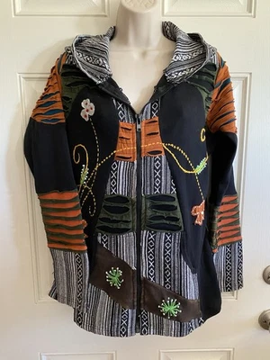 Size XL Bohemian Zip Front Hoodie with Embroidery 100% cotton Handmade,  pockets - Image 1 of 4