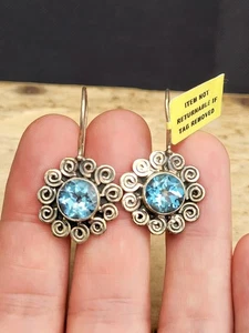 Sterling Silver, Aqua Blue Stone Drop Hook Earrings. Spiral. Flower - Picture 1 of 7