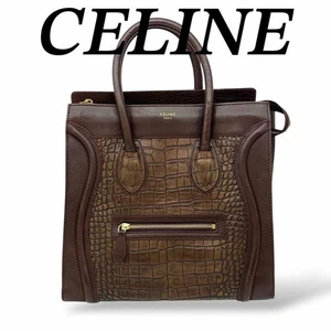 CELINE Luggage Mini shopper Dark brown Tote Bag Embossed Leather Auth Rare - Picture 1 of 10