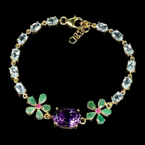 925 Sterling Silver Bracelet Oval Amethyst 14x10mm Emerald Topaz Gemstone 7in - Picture 1 of 14