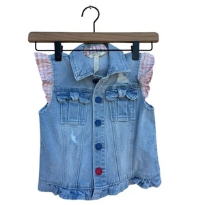 Matilda Jane Denim Jean Vest, Pink Ruffle Sleeves, Bow Pockets, Sz 6 - Picture 1 of 4