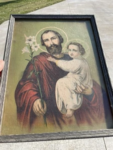 ANTIKER GERAHMTER DRUCK 30ER JAHRE HL. JOSEPH & KIND JESUS KATHOLISCH NL - Bild 1 von 5