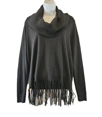 Suéter feminino Michael Kors pequeno médio preto gola redonda bainha franja inferior - Imagem 1 de 4